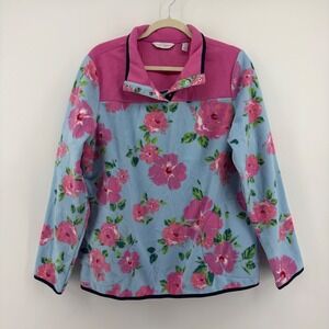 Sport Savvy Fleece Pullover Blue Pink Floral Womens Size M Snap Neck Mock Neck